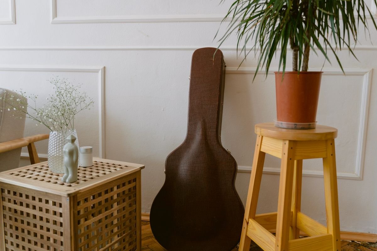 Padded dreadnought-shaped gig bag standing upright against a wall