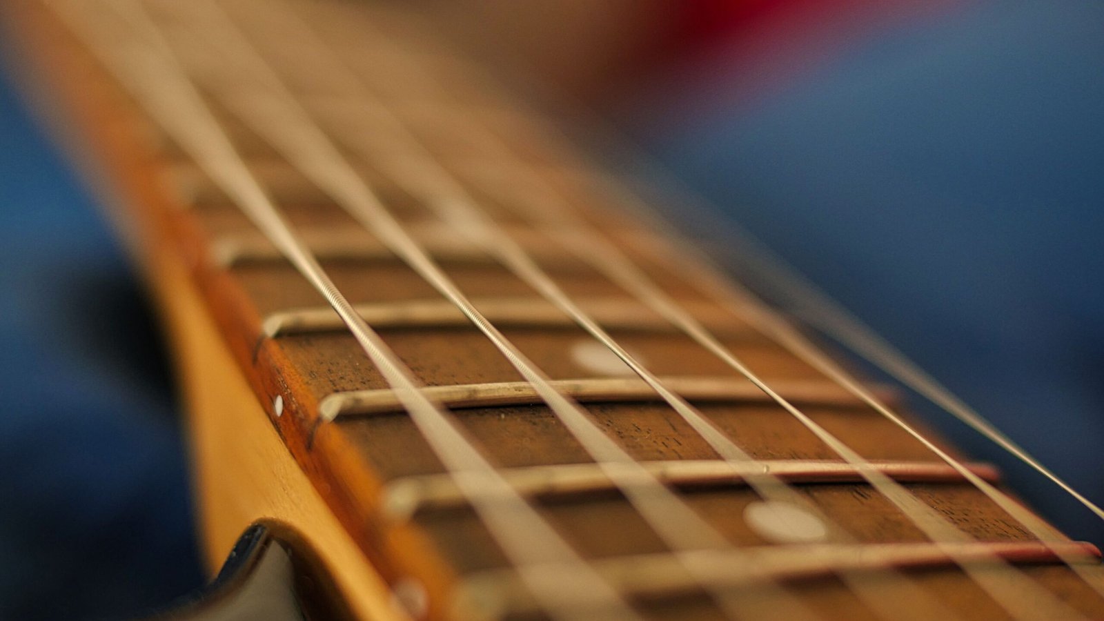 Close-up of an electric guitar neck and fretboard
