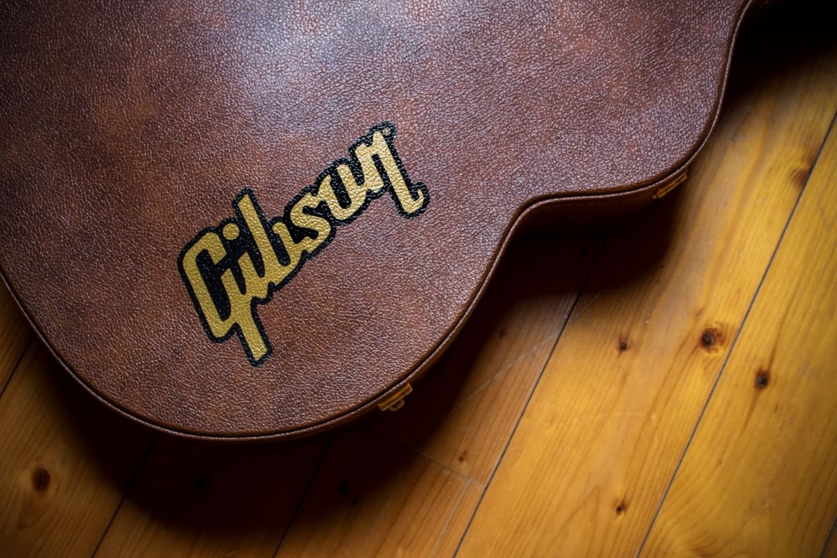 Padded guitar case resting on a wooden floor