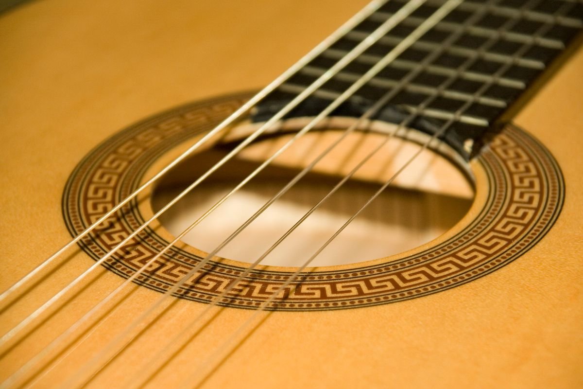 Close-up of a nylon-string classical guitar's rosette and soundhole