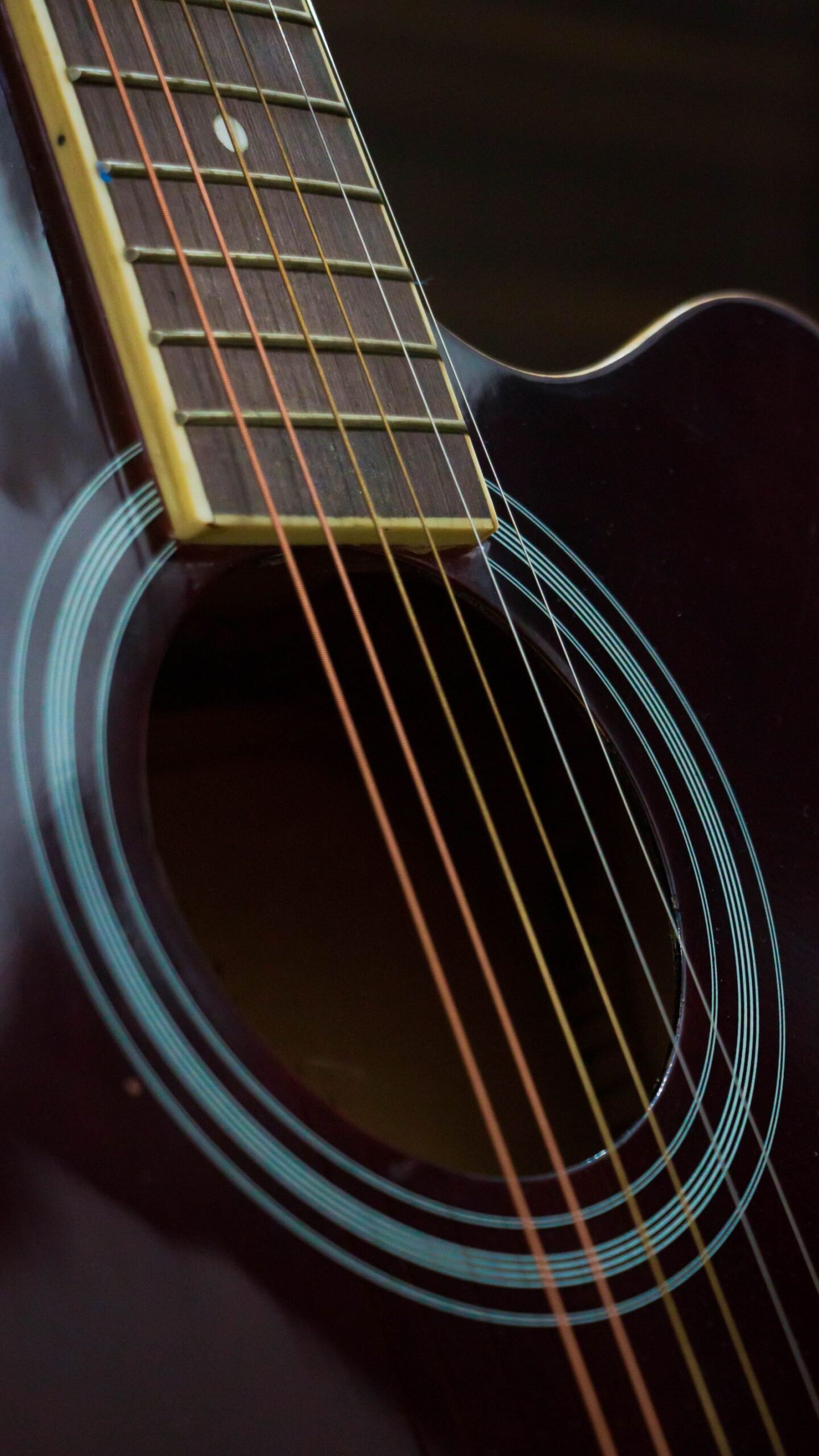 Close-up of an acoustic guitar neck joint, fretboard and rosette with coated strings catching the light