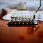 Close-up of a double-locking tremolo bridge and vibrato arm on an electric guitar