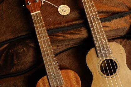 Two guitarlele necks with fretboard binding, similar to the Ortega Mini Travel Series