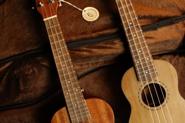 Two guitarlele necks with fretboard binding, similar to the Ortega Mini Travel Series