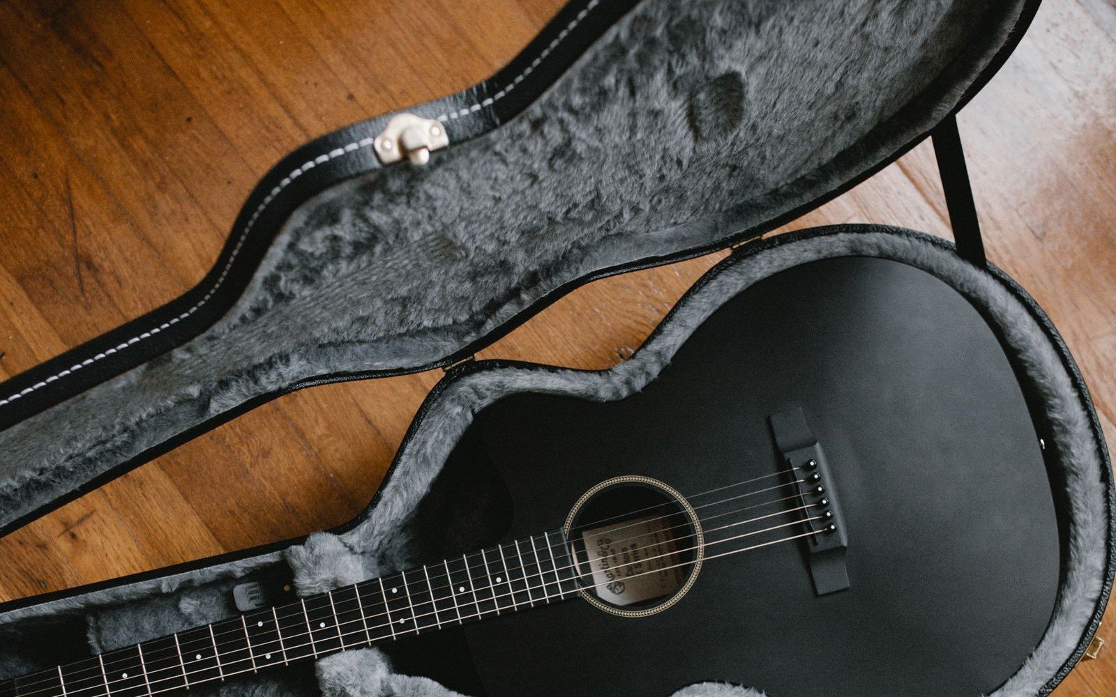 Small-body acoustic guitar nestled inside an open padded hard case lined with grey fur