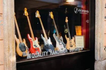 Guitars on display in a UK guitar shop