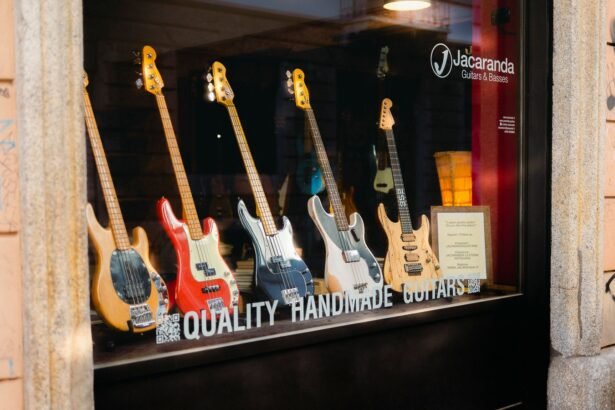 Guitars on display in a UK guitar shop