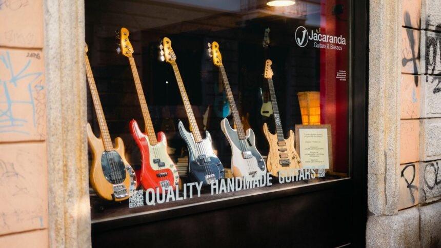 Guitars on display in a UK guitar shop
