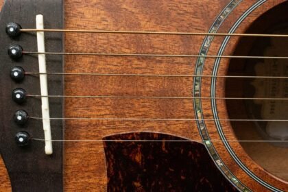 Close-up of a guitar bridge and abalone-ringed soundhole on a warm honey-toned wood body
