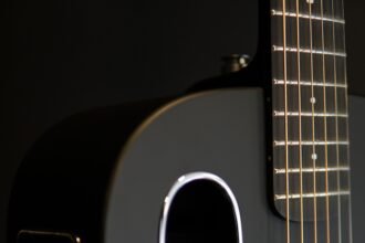 Close-up of a sleek, modern carbon-fibre guitar body and soundhole, illustrating the LAVA ME Air's design